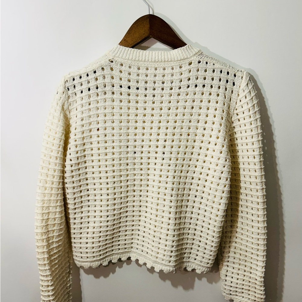 Vintage Inspired Classic Woman's Cream Embroidered Openwork Knit Cardigan - Picture 3 of 9